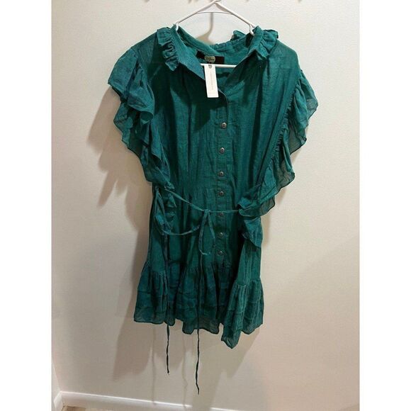 Anthropologie NWT Green Ruffle Sleeve Button Down Dress Boho Dainty Cottage Chic - Picture 3 of 9